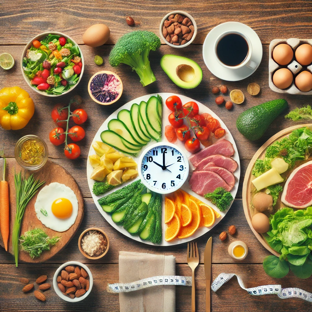 DALL·E 2024-11-29 06.22.19 — An artistic flat lay of three distinct diet styles represented visually on a wooden table_ 1) A vegetarian diet with colorful vegetables, fruits, nuts